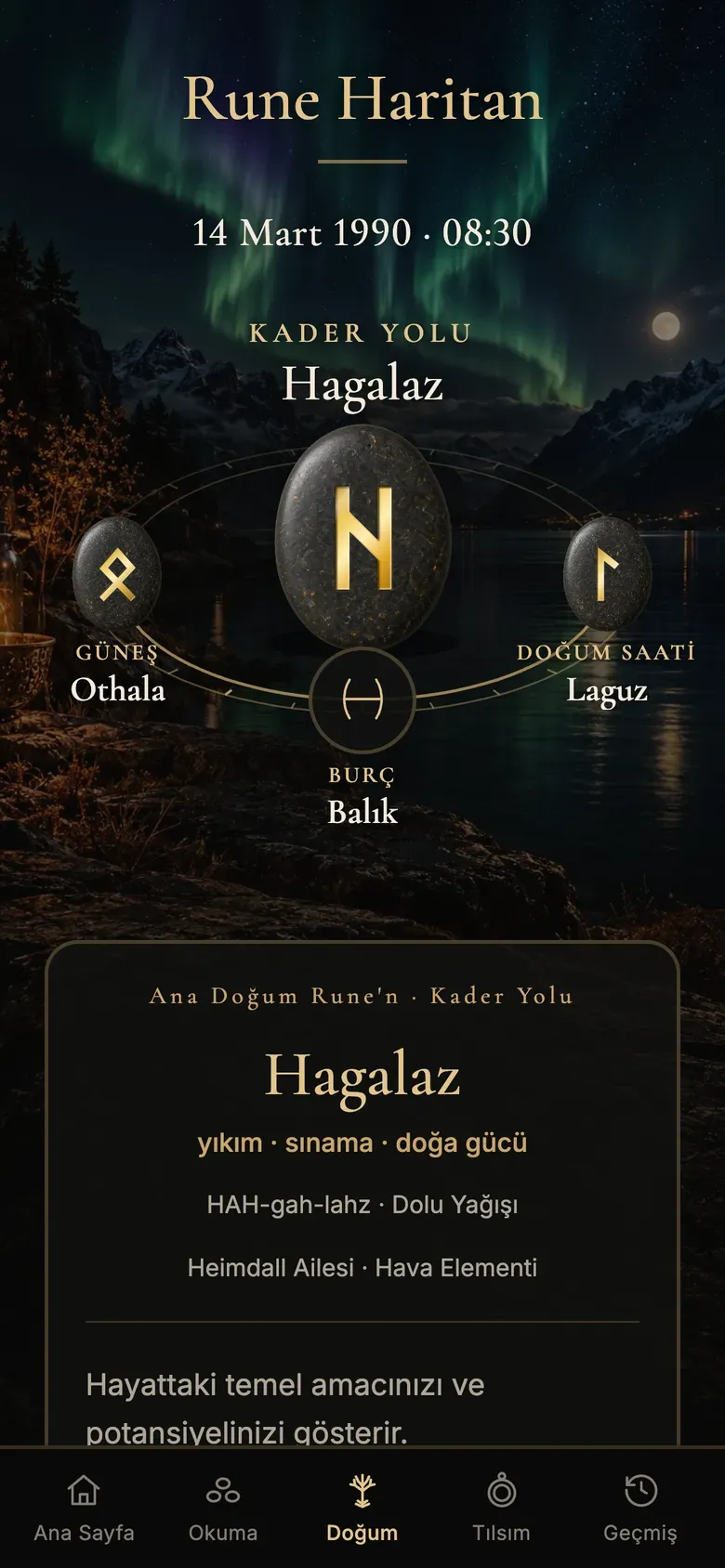 Kuzey ışıkları altında doğum rune'si haritası