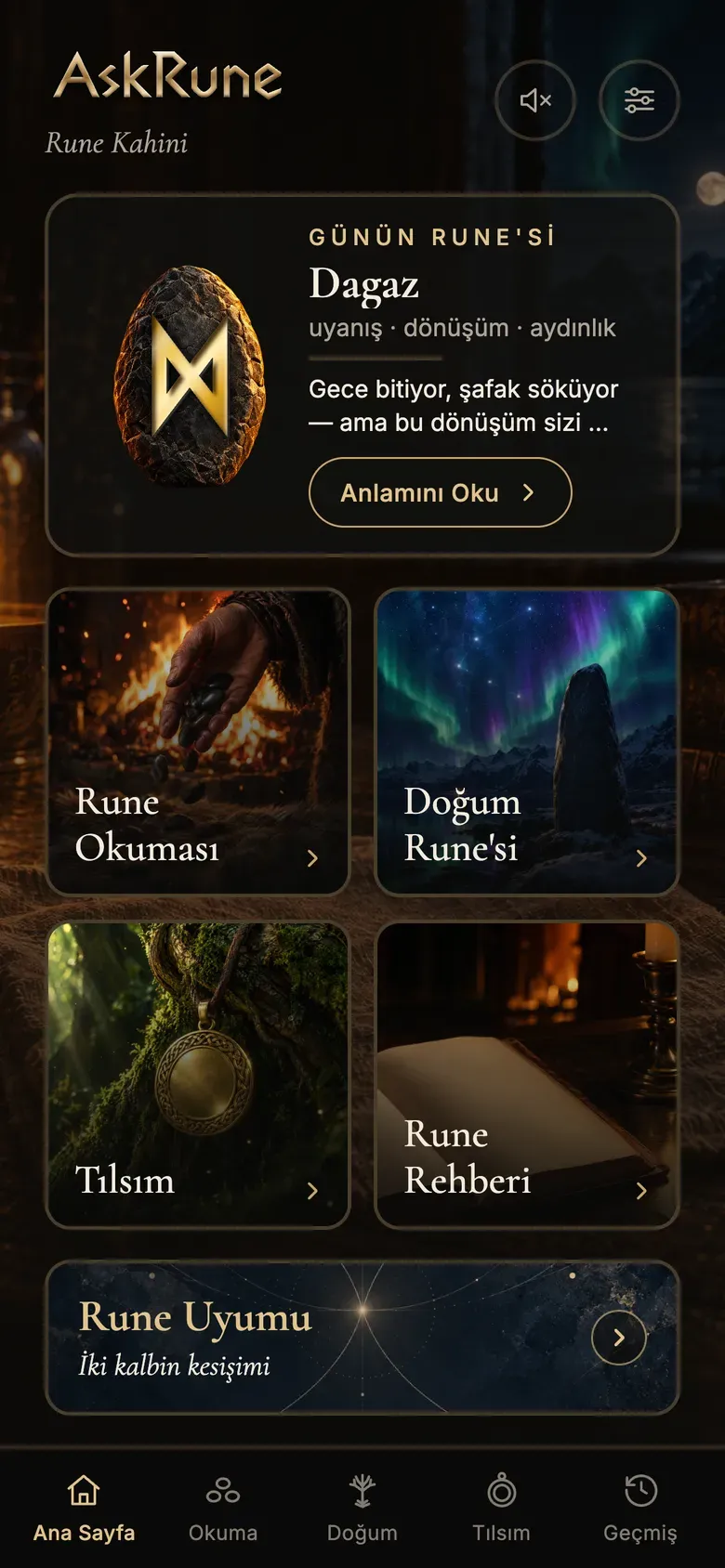 AskRune ana sayfası ve günün rune'si