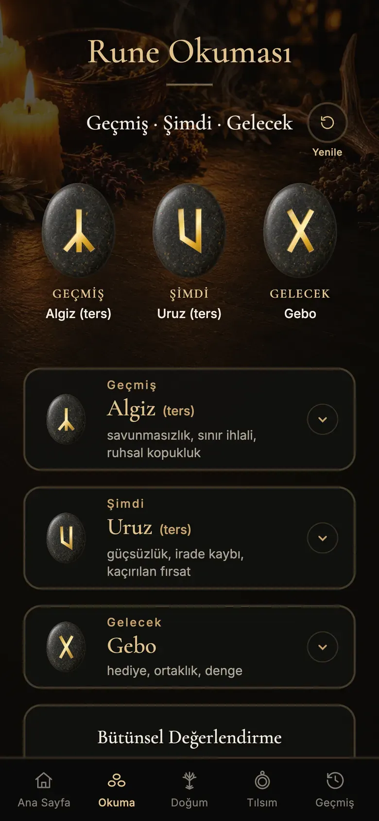 Mum ışıklı sunakta üç rune'lu okuma
