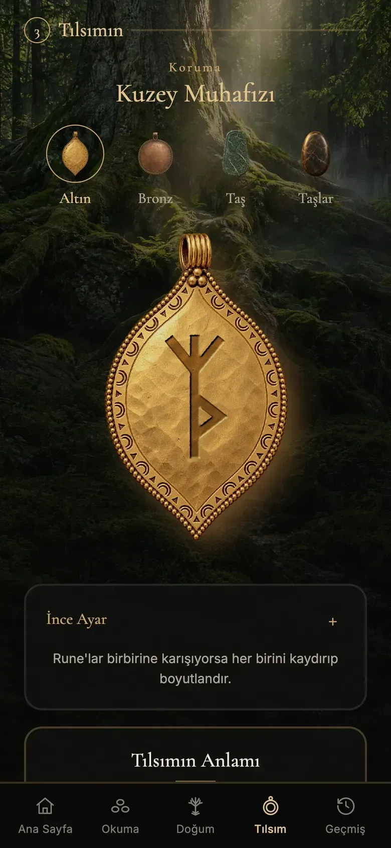 Altın yaprak kolyeye kazınmış bağ rune'u